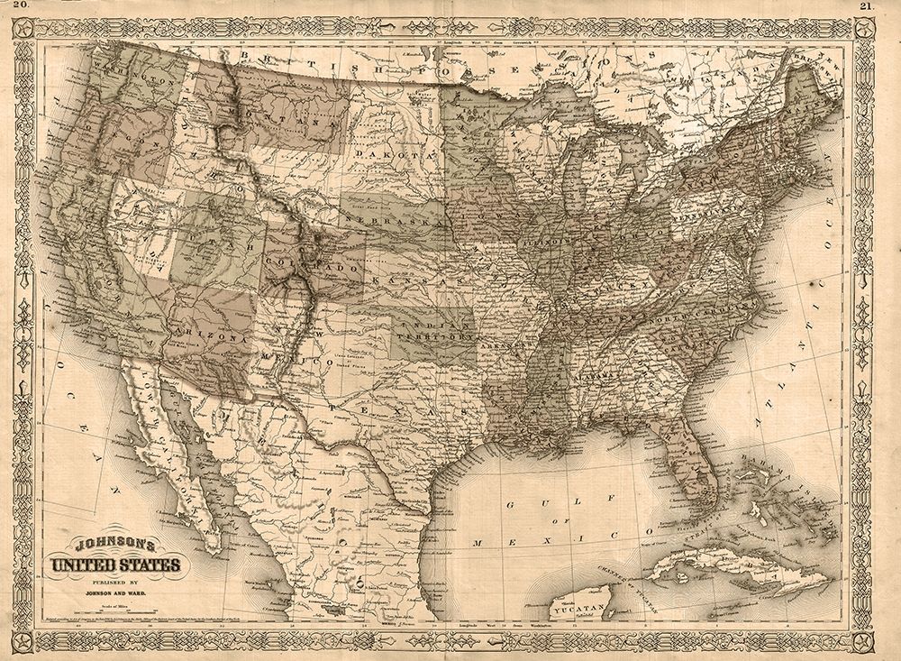 1866 Johnson Map of the United States Antiqued art print by Johnson for $57.95 CAD