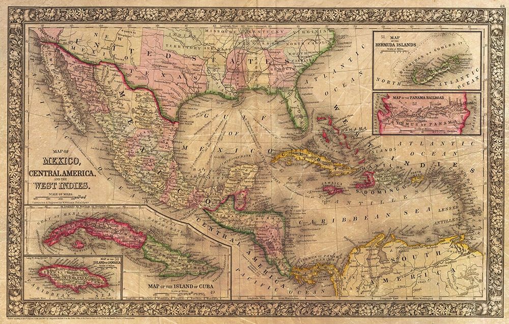 1866 Mitchell Map of Mexico and the West Indies Antiqued art print by Mitchell for $57.95 CAD