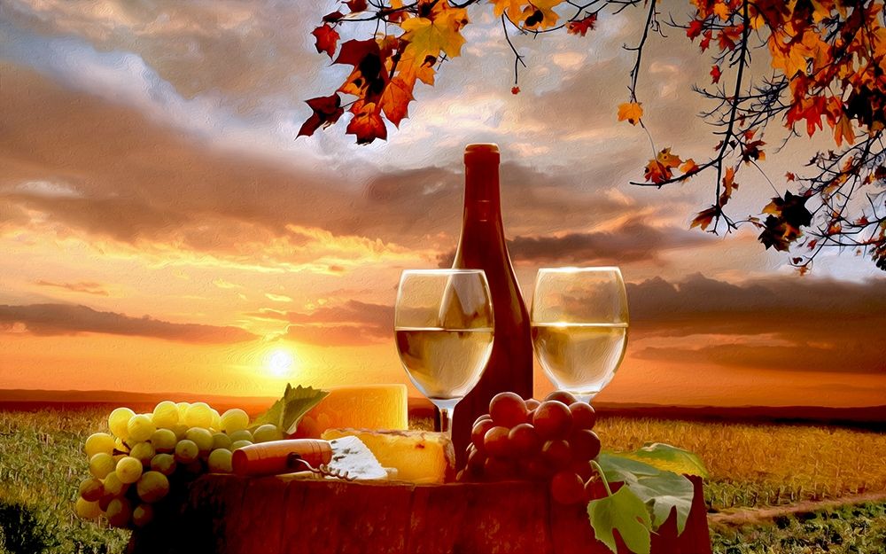 Bottle of Wine with Fruits At Sunset art print by Ronald Bolokofsky for $57.95 CAD