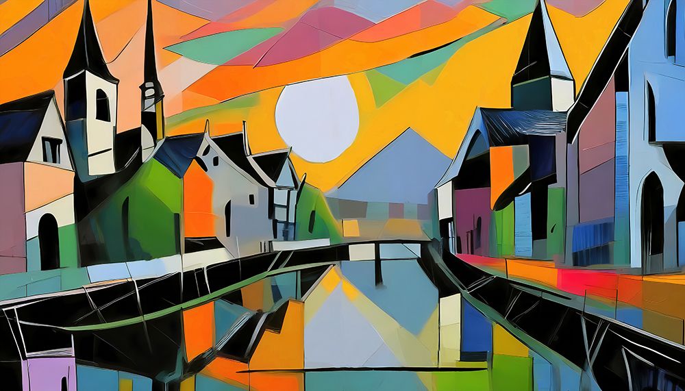 Colorful Town By Water art print by Ronald Bolokofsky for $57.95 CAD