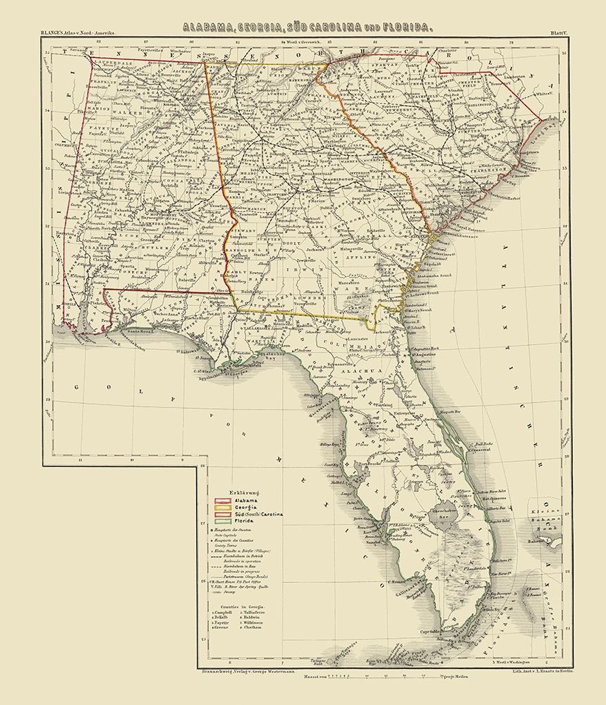 Alabama, Georgia, South Carolina, Florida 1854 art print by Kraatz for $57.95 CAD