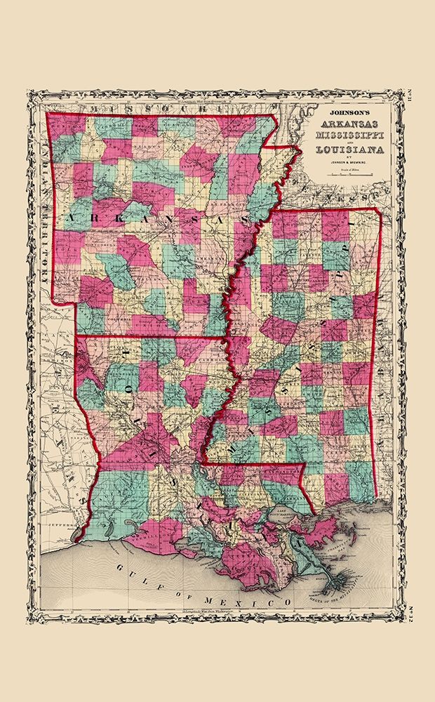 Arkansas, Mississippi, Louisiana - Johnson 1860 art print by Johnson for $57.95 CAD