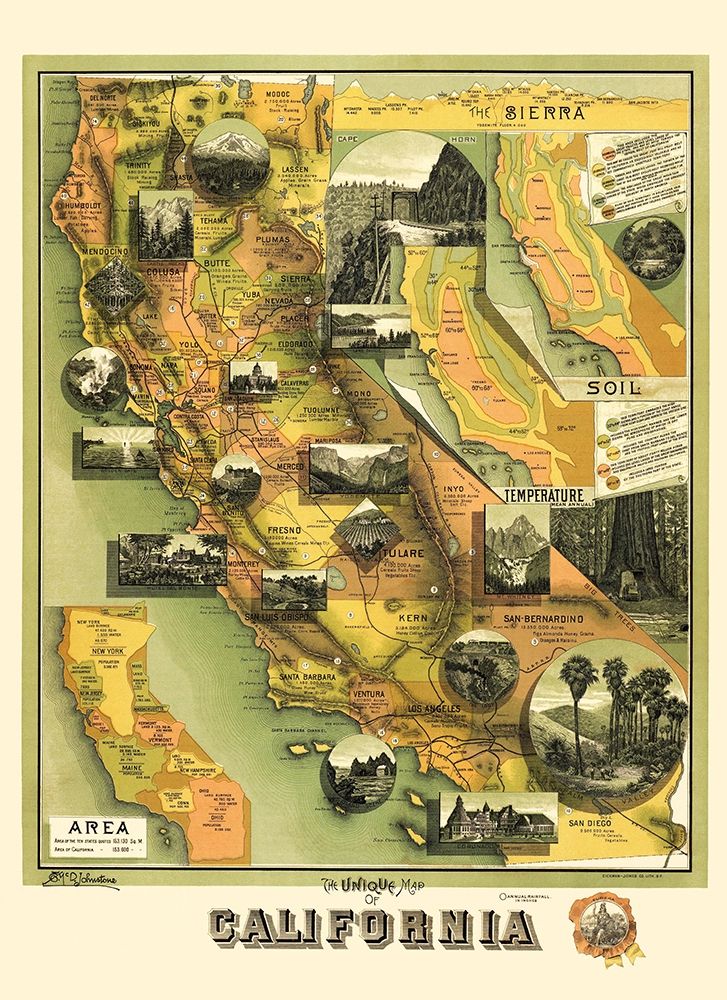 California Illustrated Map - Jones 1898 art print by Jones for $57.95 CAD