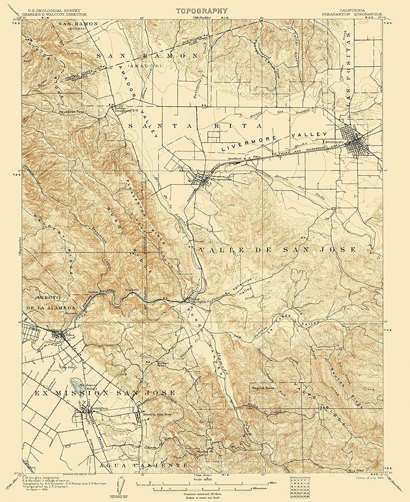 Pleasanton California Quad - USGS 1906 art print by USGS for $57.95 CAD