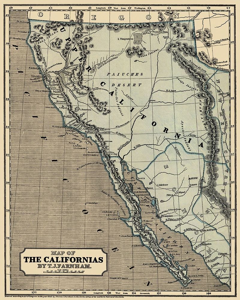 Map of the Californias - Farnham 1845 art print by Farnham for $57.95 CAD