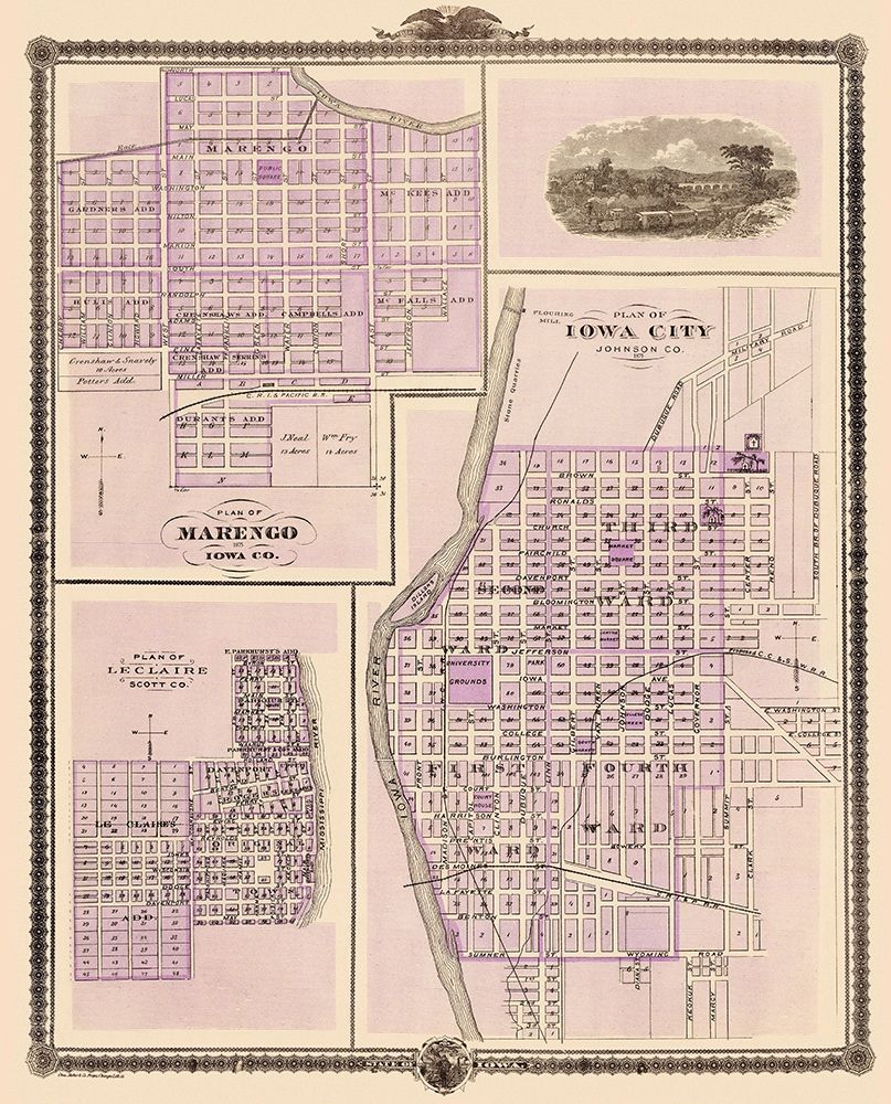 Iowa City, Marengo, Le Claire Iowa - Shober 1875 art print by Shober for $57.95 CAD