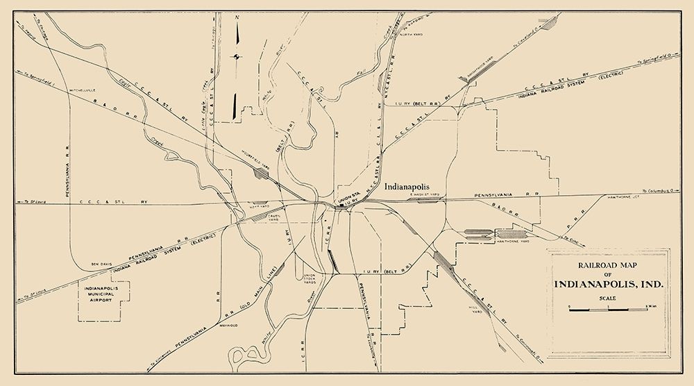 Indianapolis Indiana Railroad Map 1950 art print by Monon Railway for $57.95 CAD