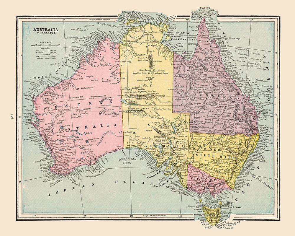 Australia Tasmania - Cram 1892 art print by Cram for $57.95 CAD