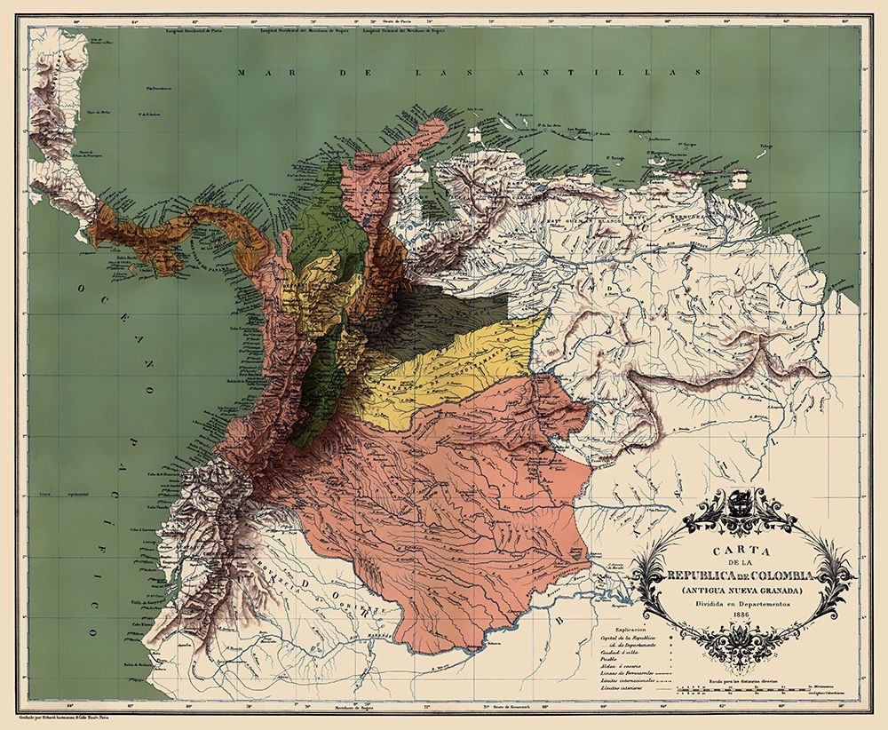 South America Republic of Colombia - Lahure 1886 art print by Lahure for $57.95 CAD