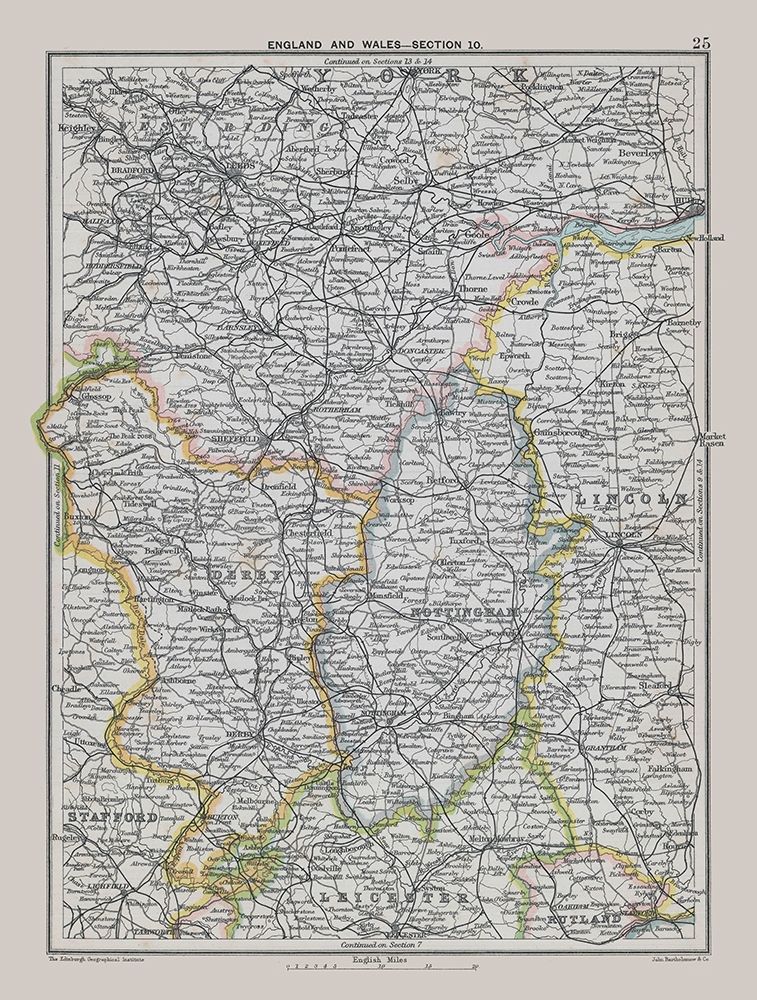 East Midlands England - Bartholomew 1892 art print by Bartholomew for $57.95 CAD