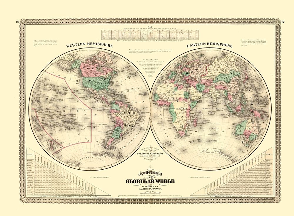 Western Eastern Hemisphere - Johnson 1870 art print by Johnson for $57.95 CAD