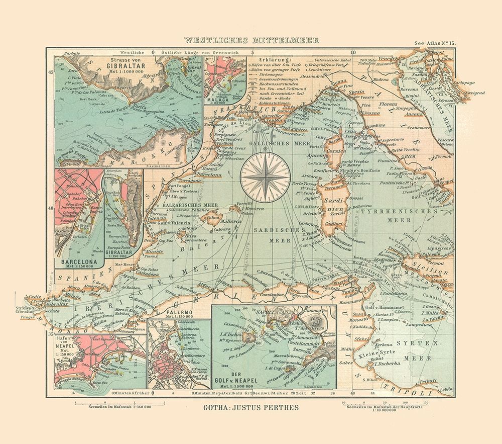 Western Mediterranean Sea - Perthes 1914 art print by Perthes for $57.95 CAD