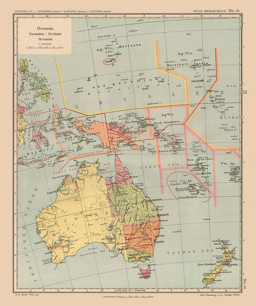 Oceania Australia New Zealand - Streit 1913 art print by Streit for $57.95 CAD