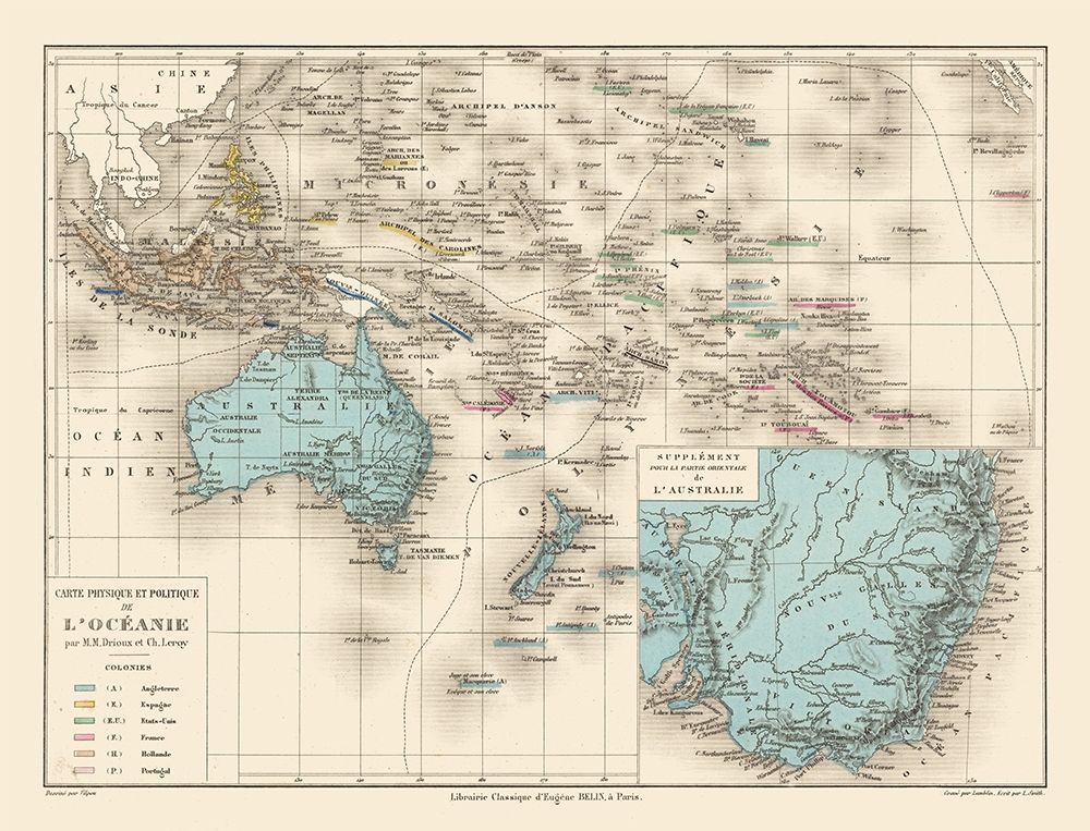 Oceania Physical Political - Drioux 1882 art print by Drioux for $57.95 CAD
