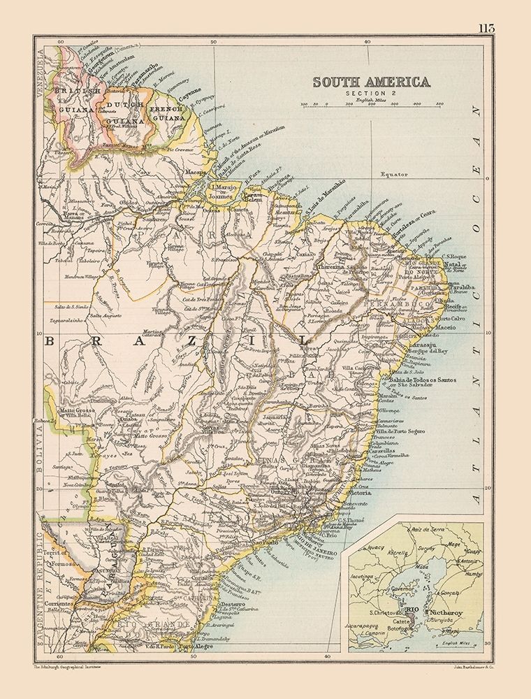 Southeast Brazil South America - Bartholomew 1892 art print by Bartholomew for $57.95 CAD