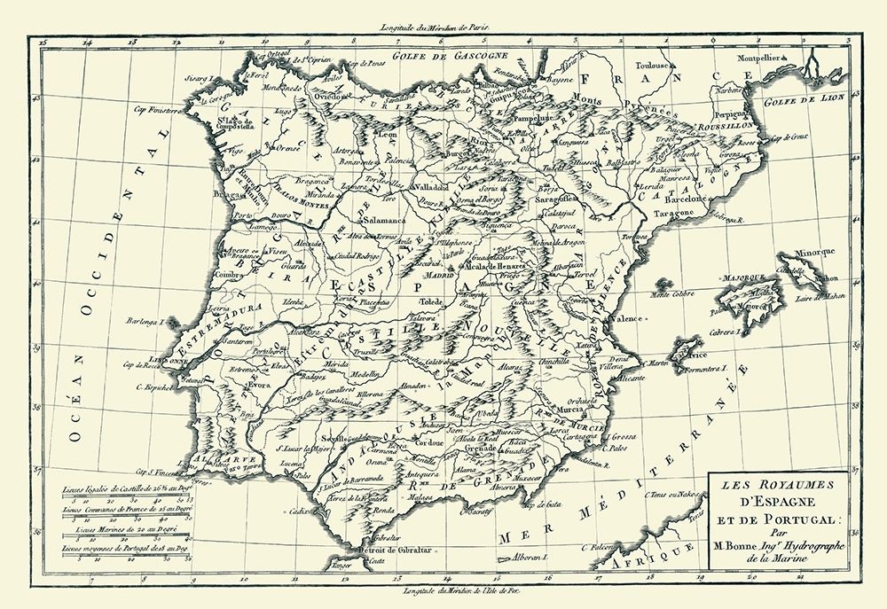Spain Portugal - Bonne 1780 art print by Bonne for $57.95 CAD