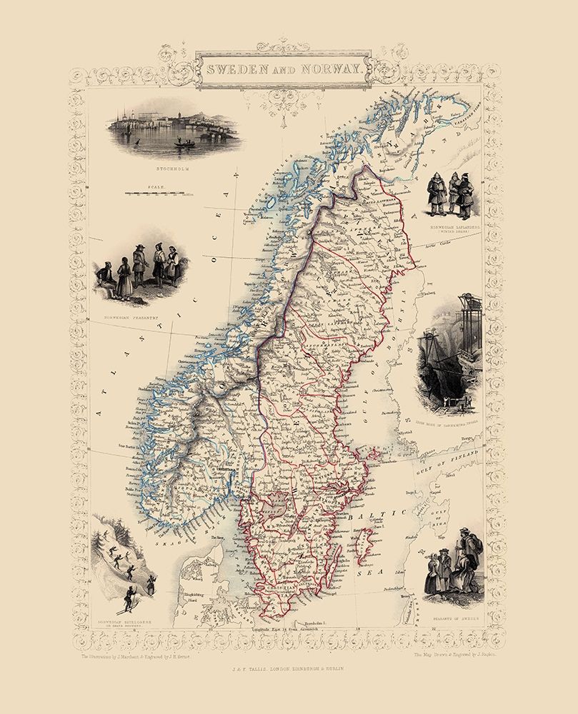 Sweden Norway - Tallis 1851 art print by Tallis for $57.95 CAD