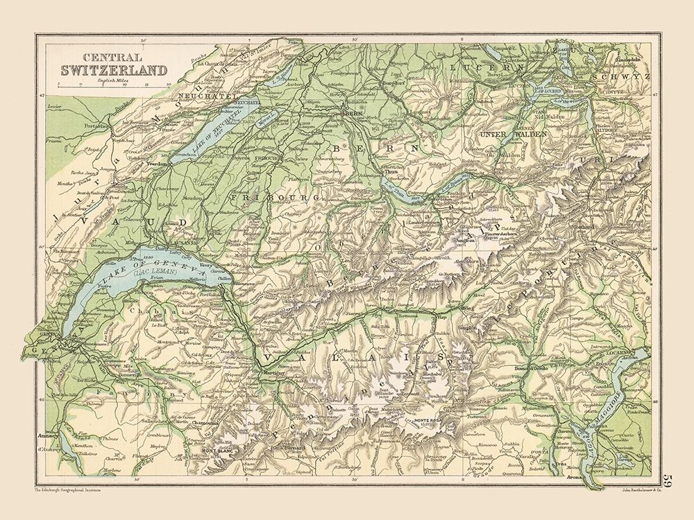 Central Switzerland - Bartholomew 1892 art print by Bartholomew for $57.95 CAD