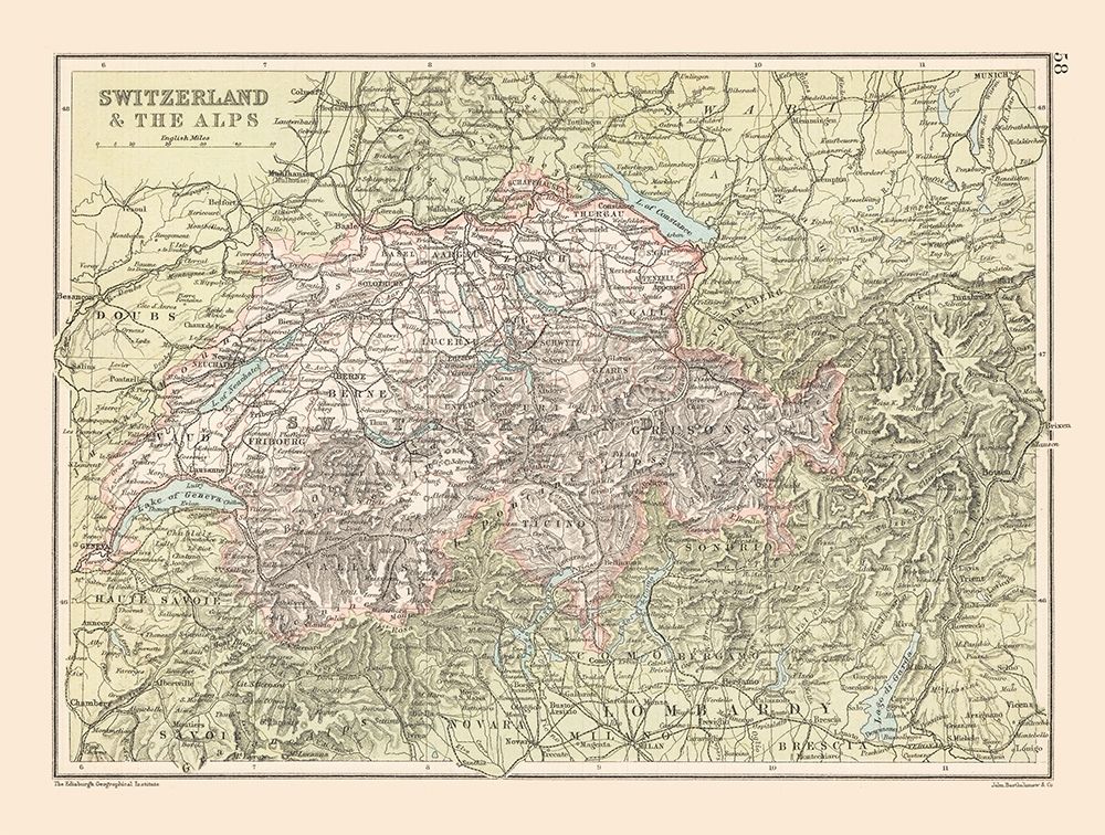 Alps Switzerland - Bartholomew 1892 art print by Bartholomew for $57.95 CAD
