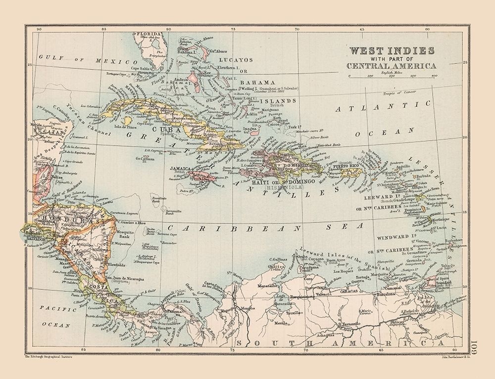 West Indies Central America - Bartholomew 1892 art print by Bartholomew for $57.95 CAD