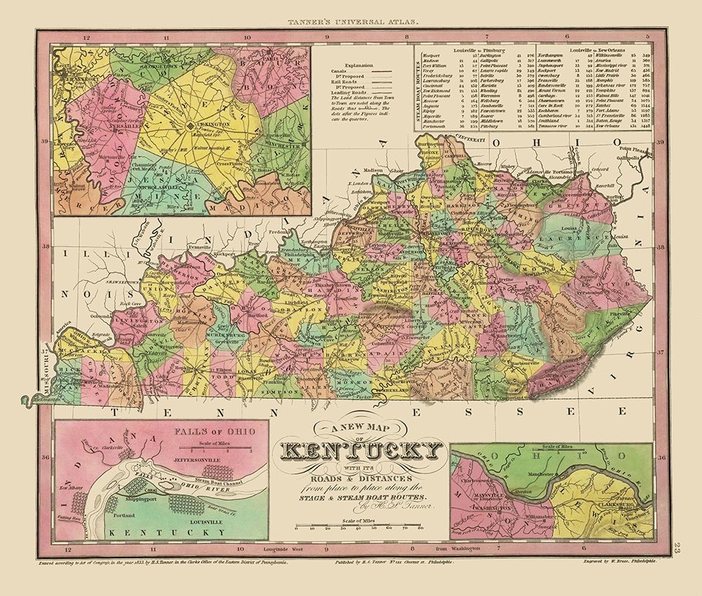 Kentucky, Tennessee Counties - Tanner 1833 art print by Tanner for $57.95 CAD