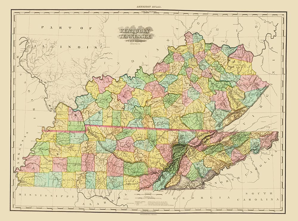 Kentucky, Tennessee Counties - Tanner 1825 art print by Tanner for $57.95 CAD