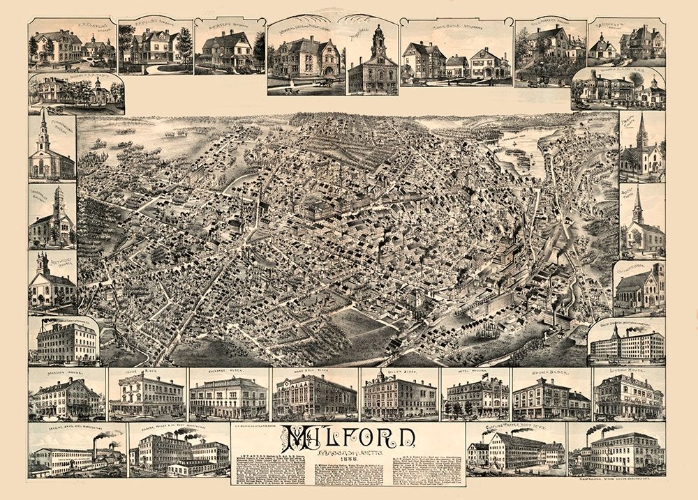 Milford Massachusetts - Bailey 1888  art print by Bailey for $57.95 CAD