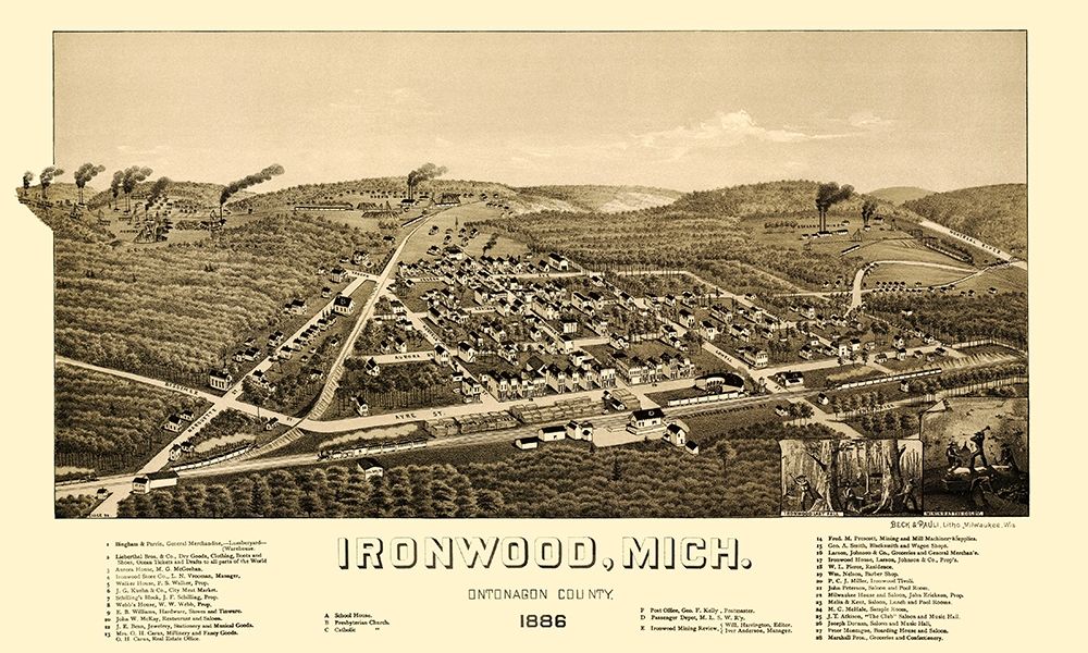 Ironwood Michigan - Beck 1886 art print by Beck for $57.95 CAD