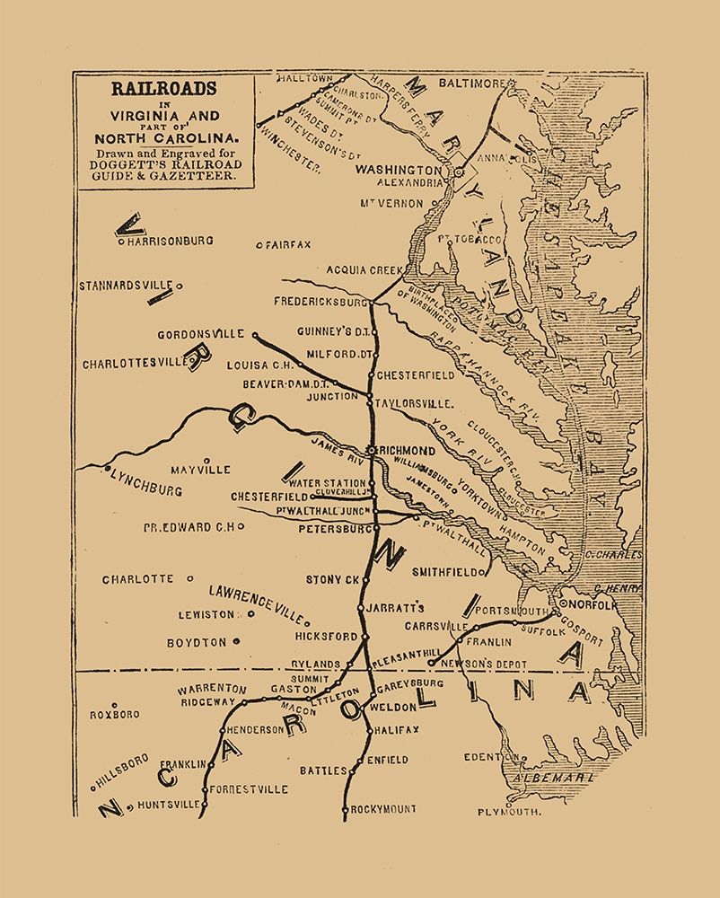 Virginia North Carolina Railroads - Doggett 1848  art print by Doggett for $57.95 CAD