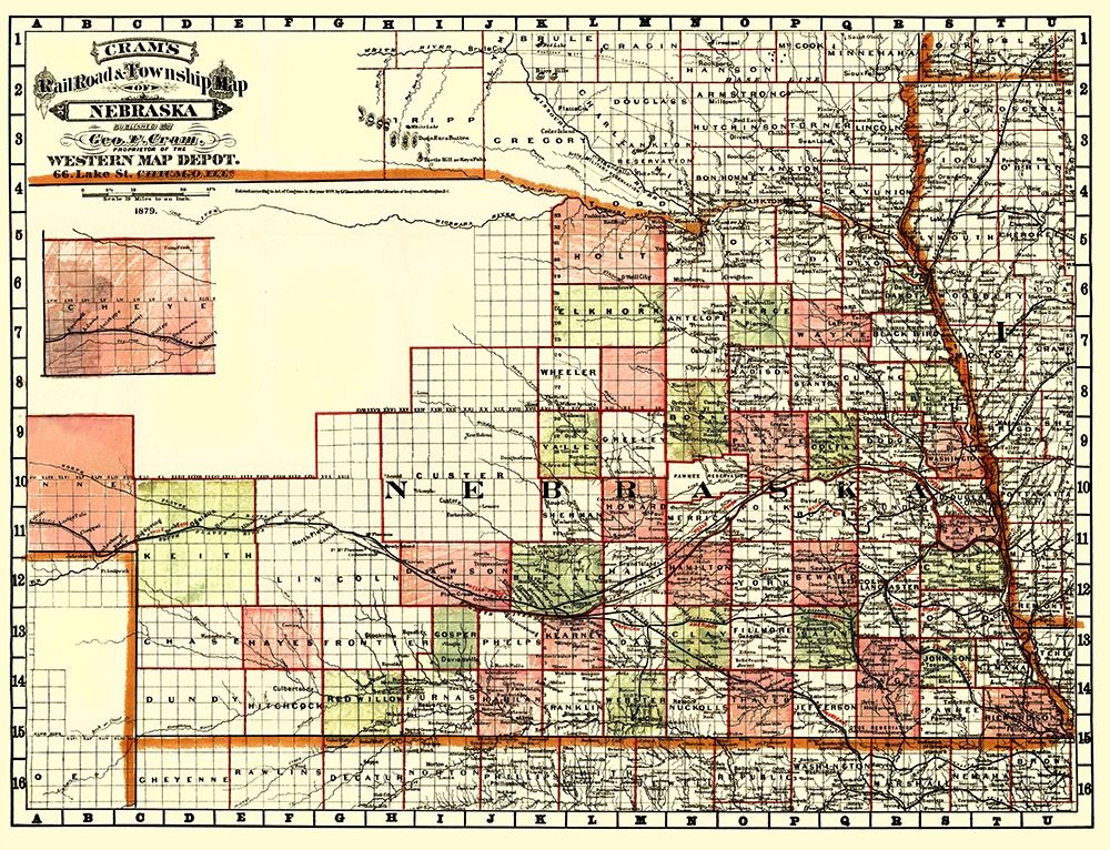 Nebraska Railroads and Townships - Cram 1879 art print by Cram for $57.95 CAD