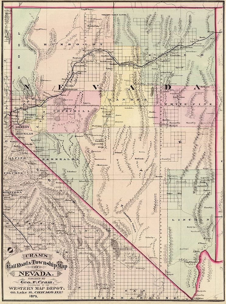 Nevada Railroads and Townships - Cram 1875 art print by Cram for $57.95 CAD