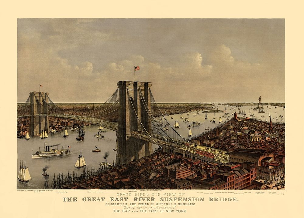 East River Suspension Bridge New York art print by Currier for $57.95 CAD