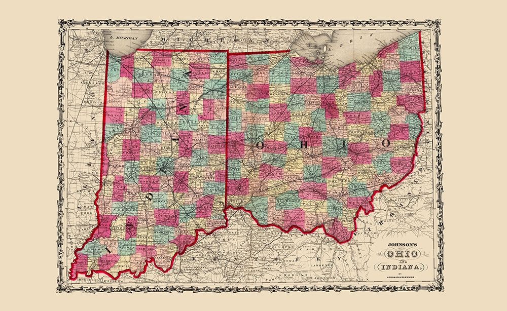 Ohio, Indiana - Johnson 1860 art print by Johnson for $57.95 CAD