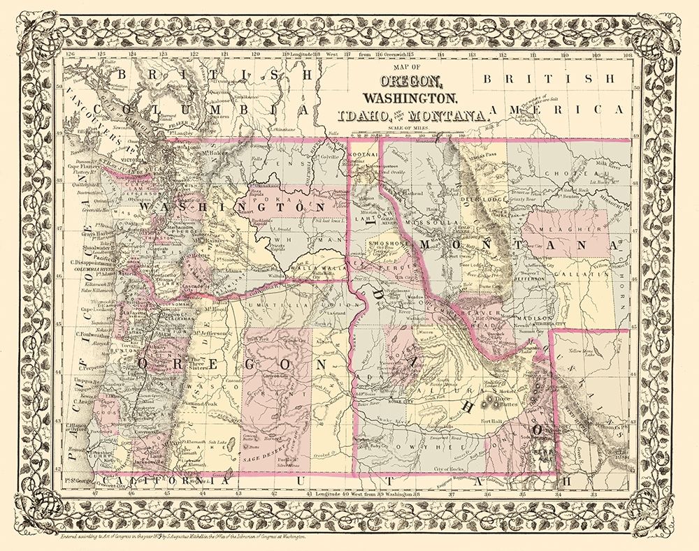 Oregon, Washington, Idaho, Montana - Campbell 1879 art print by Campbell for $57.95 CAD