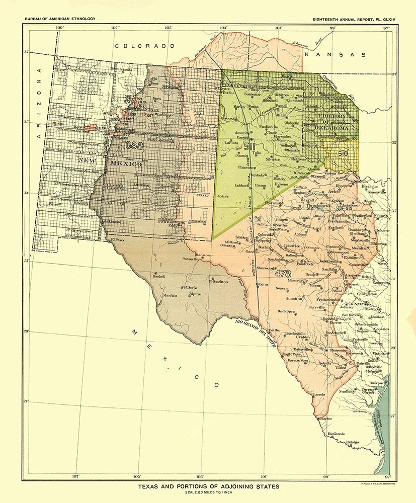 Texas - Adjoining States - Hoen 1896 art print by Hoen for $57.95 CAD