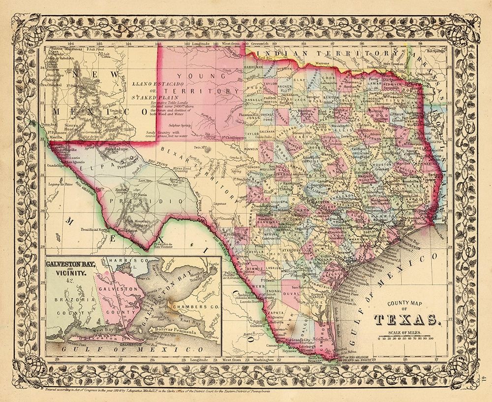 Texas County Map - Mitchell 1870  art print by Mitchell for $57.95 CAD