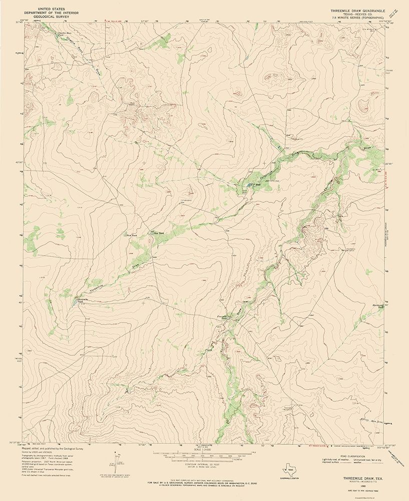 Three Mile Draw Texas Quad - USGS 1968 art print by USGS for $57.95 CAD