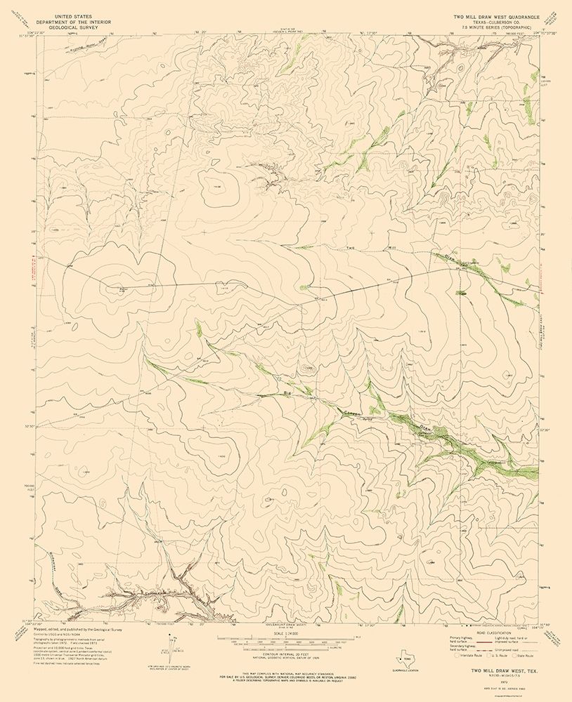 Two Mill Draw West Texas Quad - USGS 1973 art print by USGS for $57.95 CAD