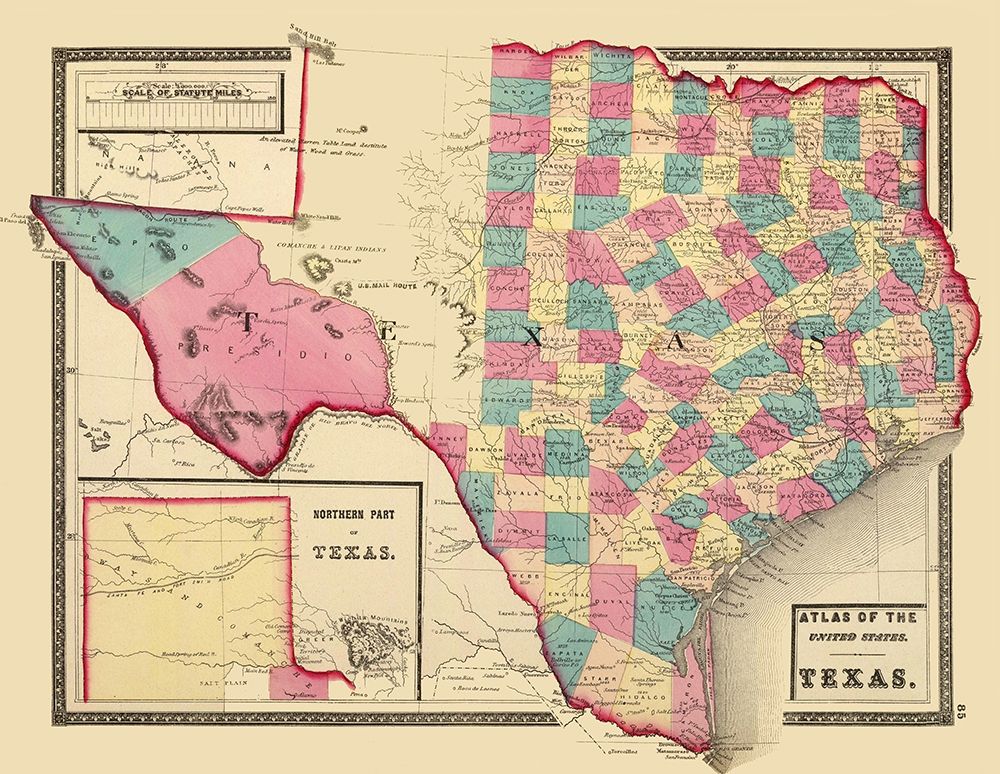 Texas - Northern Texas - Walling 1872 art print by Walling for $57.95 CAD