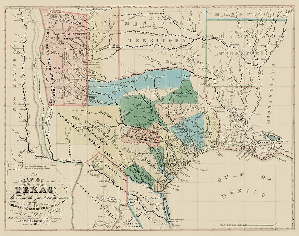 Texas, Colorado, with Red River Land Grants 1821 art print by Land Co for $57.95 CAD