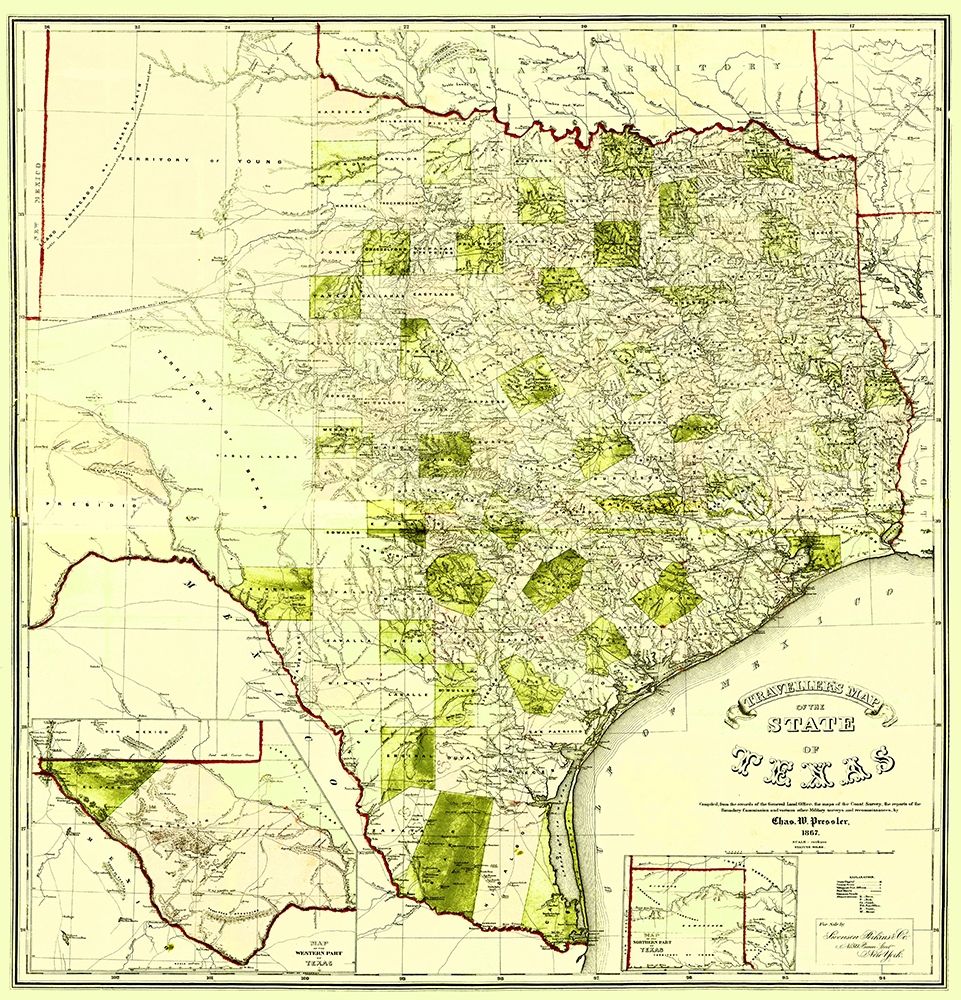 Travellers Map of the State of Texas 1867 art print by Pressler for $57.95 CAD
