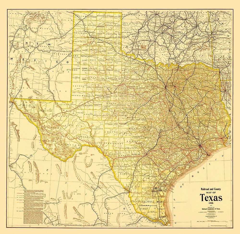 Railroad and County Map of Texas - 1908 art print by Thompson for $57.95 CAD