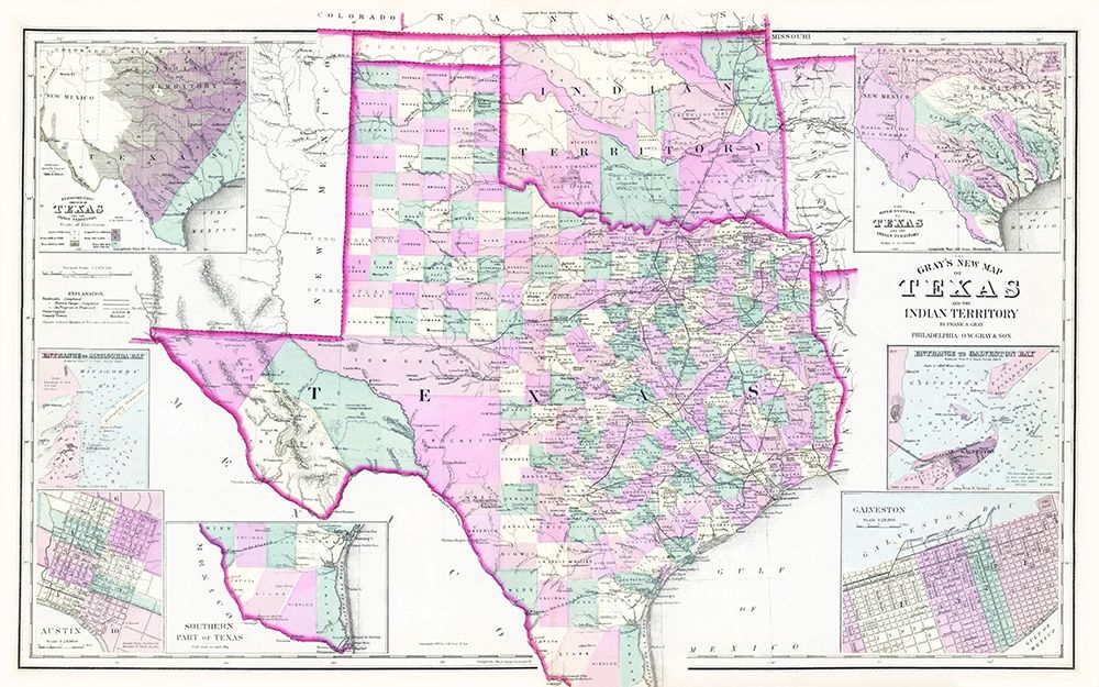 Texas and Oklahoma Indian Territory - Gray 1876 art print by Gray for $57.95 CAD