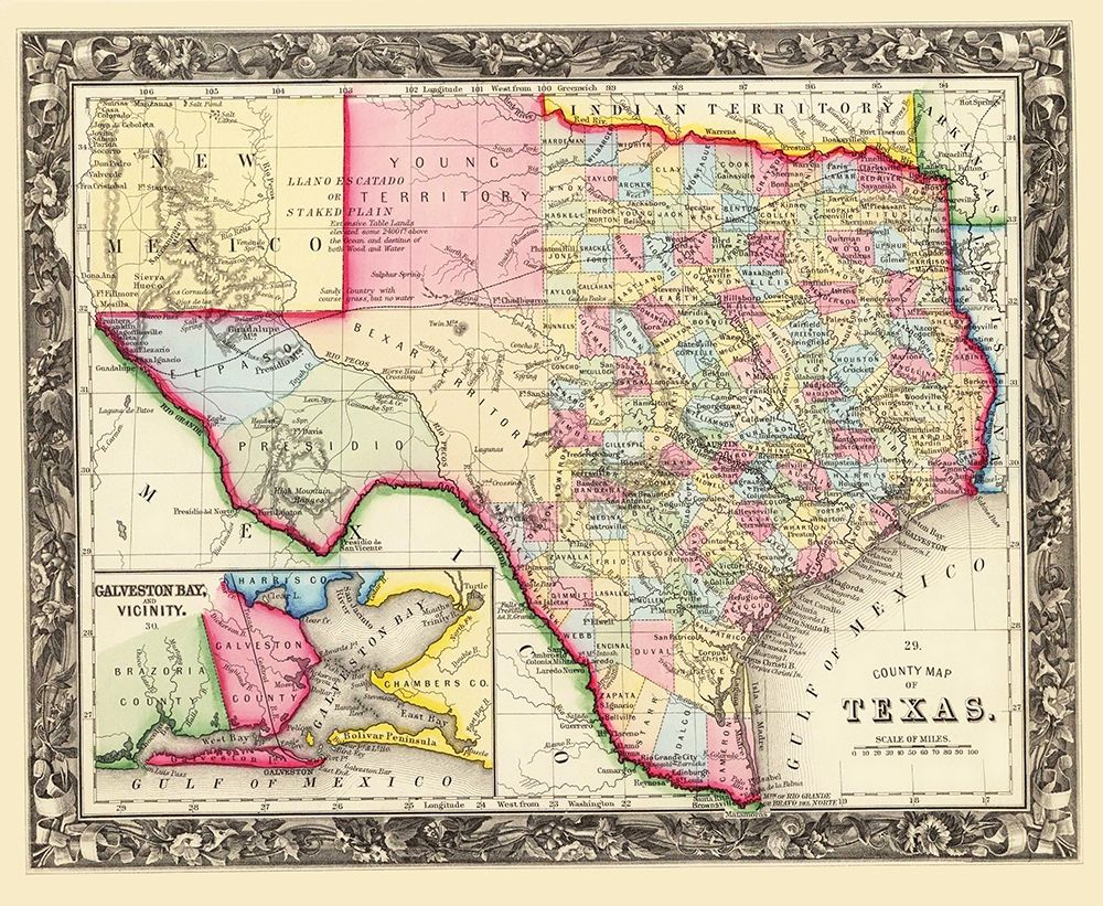 Texas State and County - Mitchell 1860 art print by Mitchell for $57.95 CAD