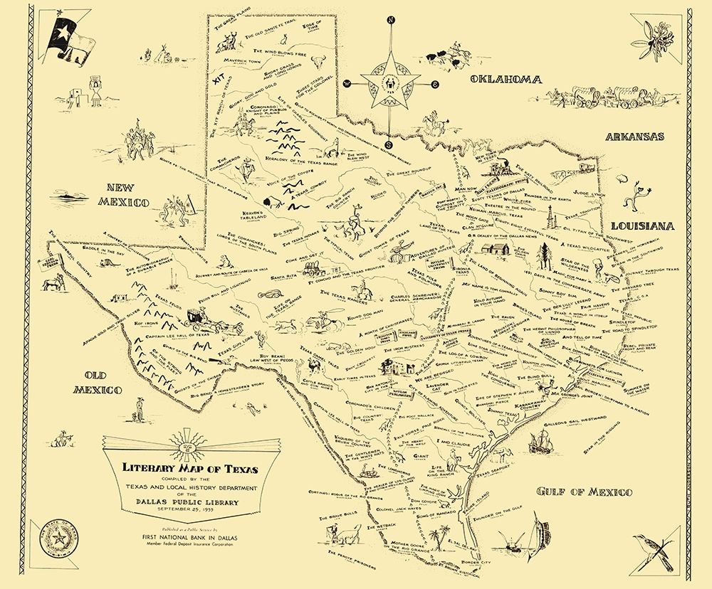 Texas Literary Map - National Bank of Dallas 1955 art print by National Bank of Dallas for $57.95 CAD