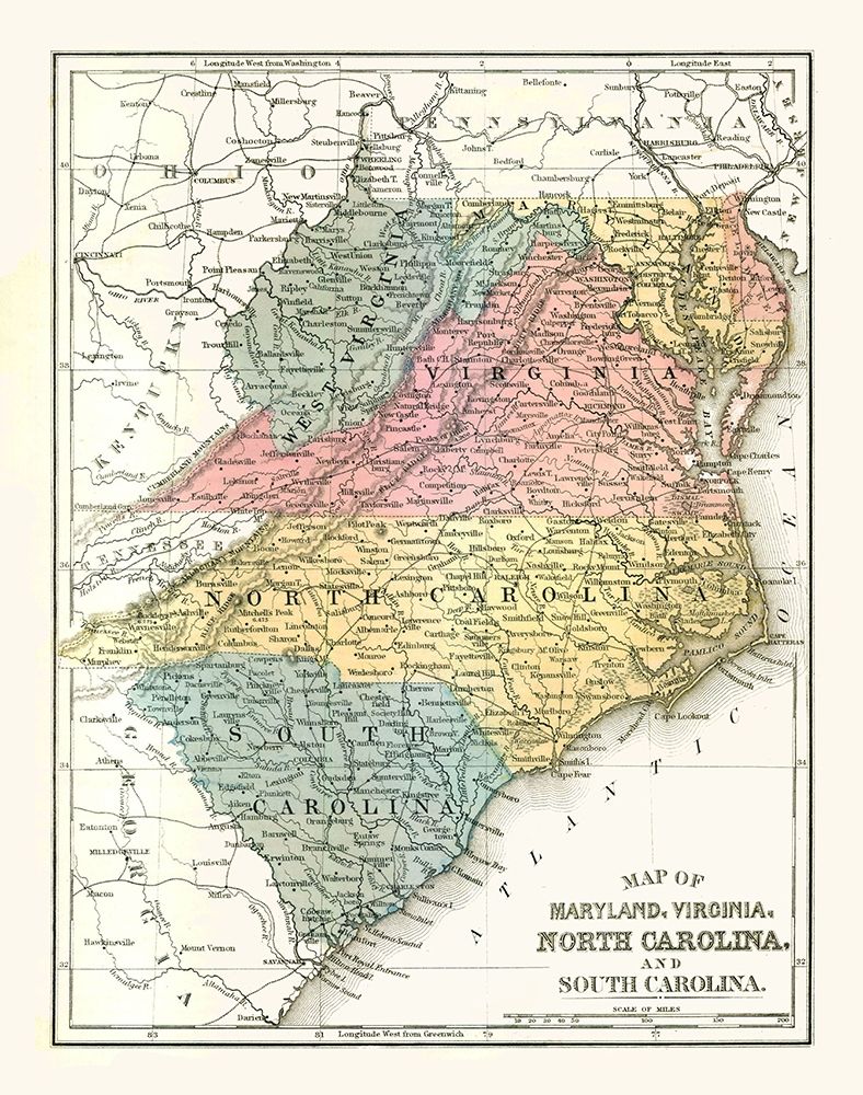 Maryland, Virginia, North Carolina - Mitchell 1869 art print by Mitchell for $57.95 CAD