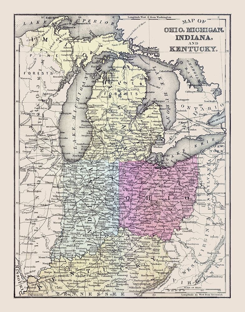 Ohio, Michigan, Indiana, Kentucky - Mitchell 1877 art print by Mitchell for $57.95 CAD