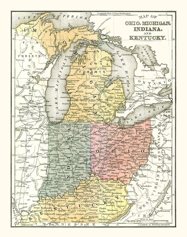 Ohio, Michigan, Indiana, Kentucky - Mitchell 1869 art print by Mitchell for $57.95 CAD