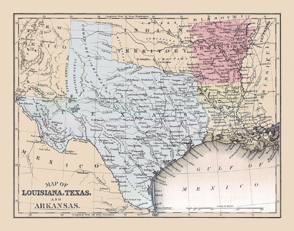 Louisiana, Texas, Arkansas - Mitchell 1877 art print by Mitchell for $57.95 CAD