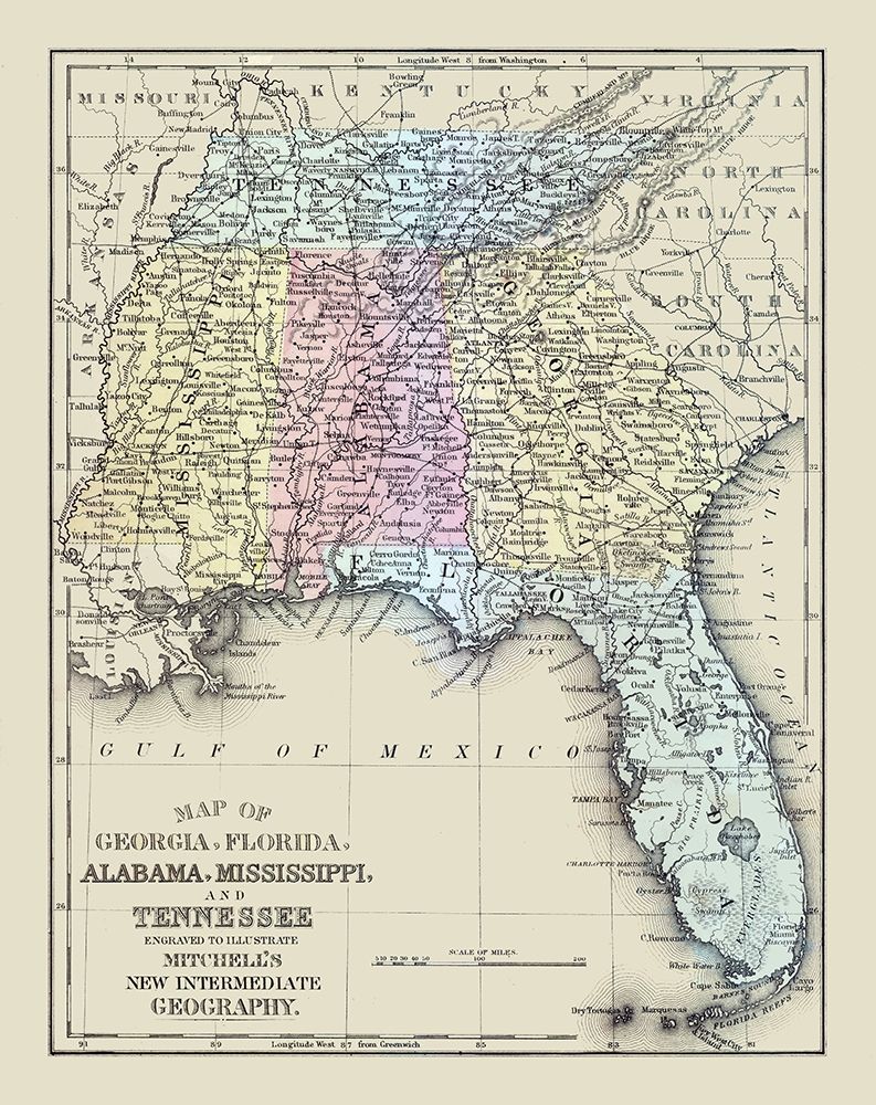 South Eastern United States - Mitchell 1877 art print by Mitchell for $57.95 CAD